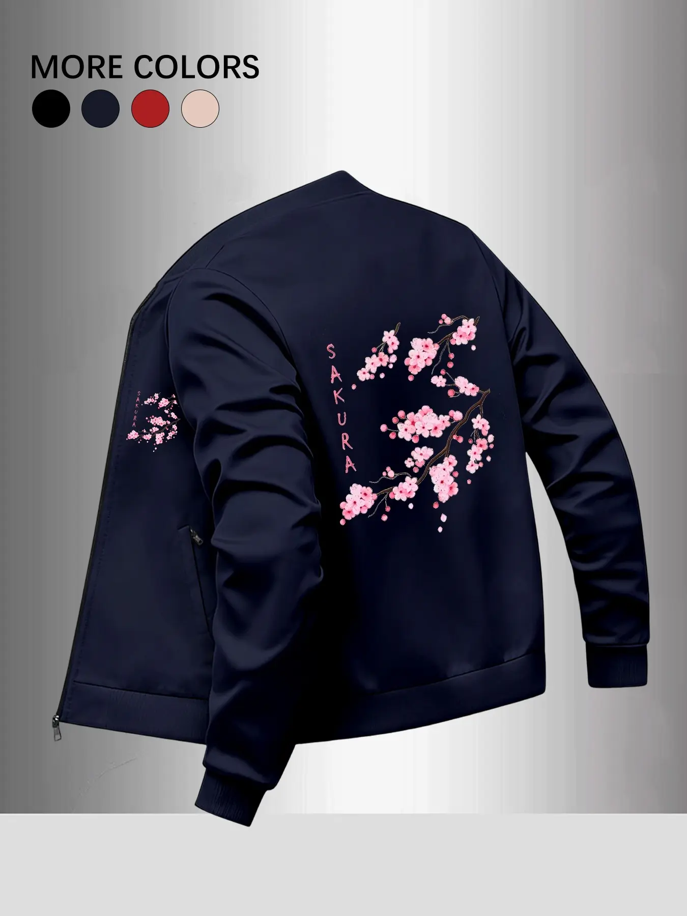 Men's Baseball Neck Zipper Jacket, Japanese Style Sakura Print, Casual Loose Fit, Smooth Wrinkle-Resistant Fabric, All Season Outerwear