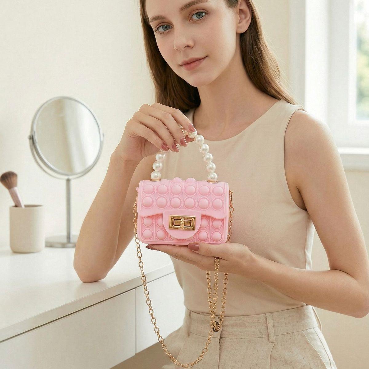Women's Stylish Pop Bag Silicone Shoulder Bag with Pearl Handle, Chain and Mini Coin Purse for Daily Travel