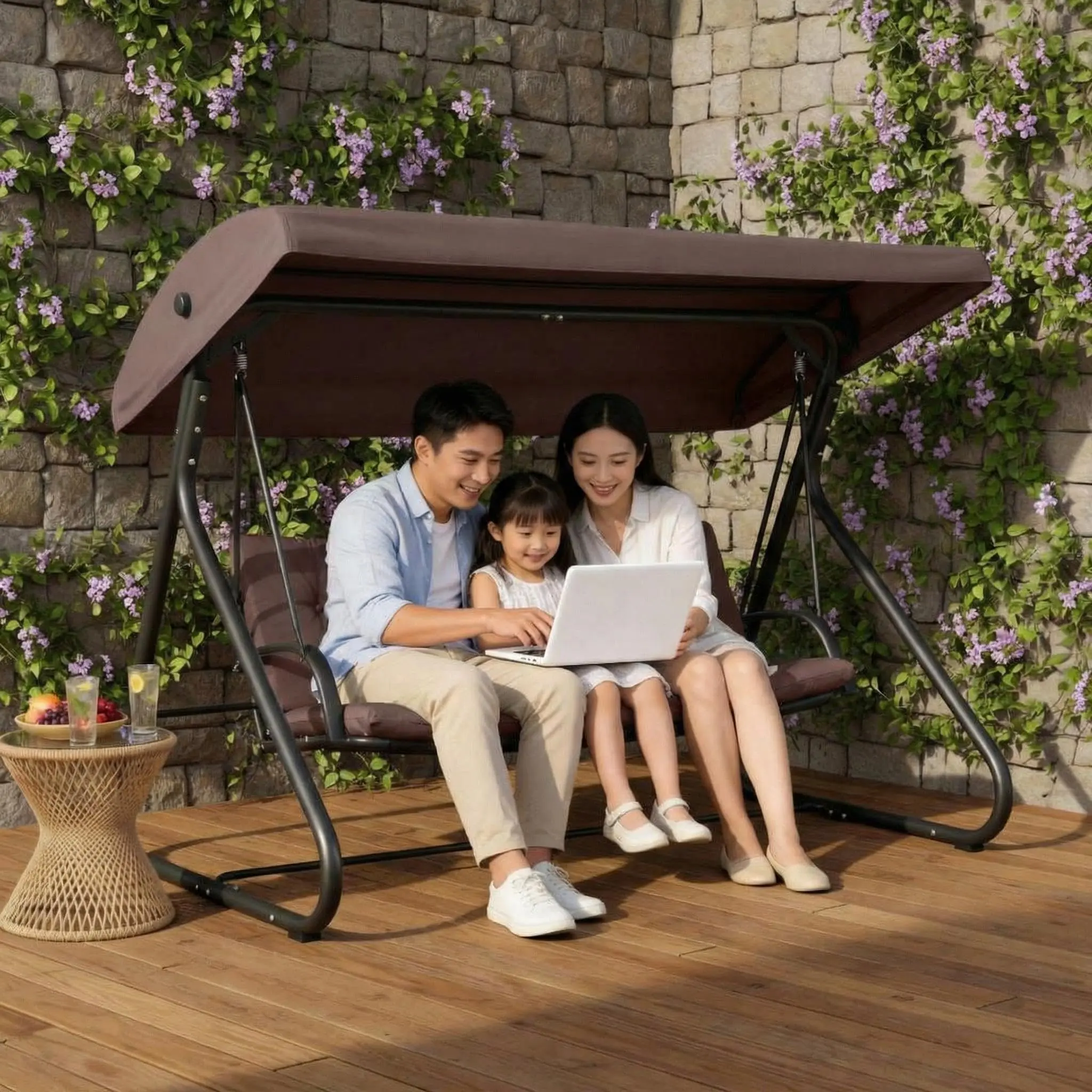 3-Seat Outdoor Patio Swing with Adjustable Canopy, Convertible Swing Bed with Stand, Glider Swing with Cup Holders, Thick Cushions and Pillow,750lbs Capacity for Patio Backyard Porch Garden