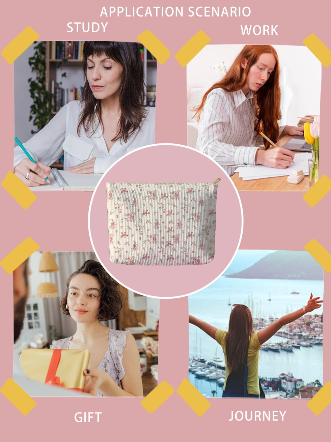 Ditsy Floral Pattern Makeup Bag, Casual Fashion Corduroy Zipper Makeup Bag for Travel, Versatile Storage Bag for Women & Girls, Makeup Organizer Pouch