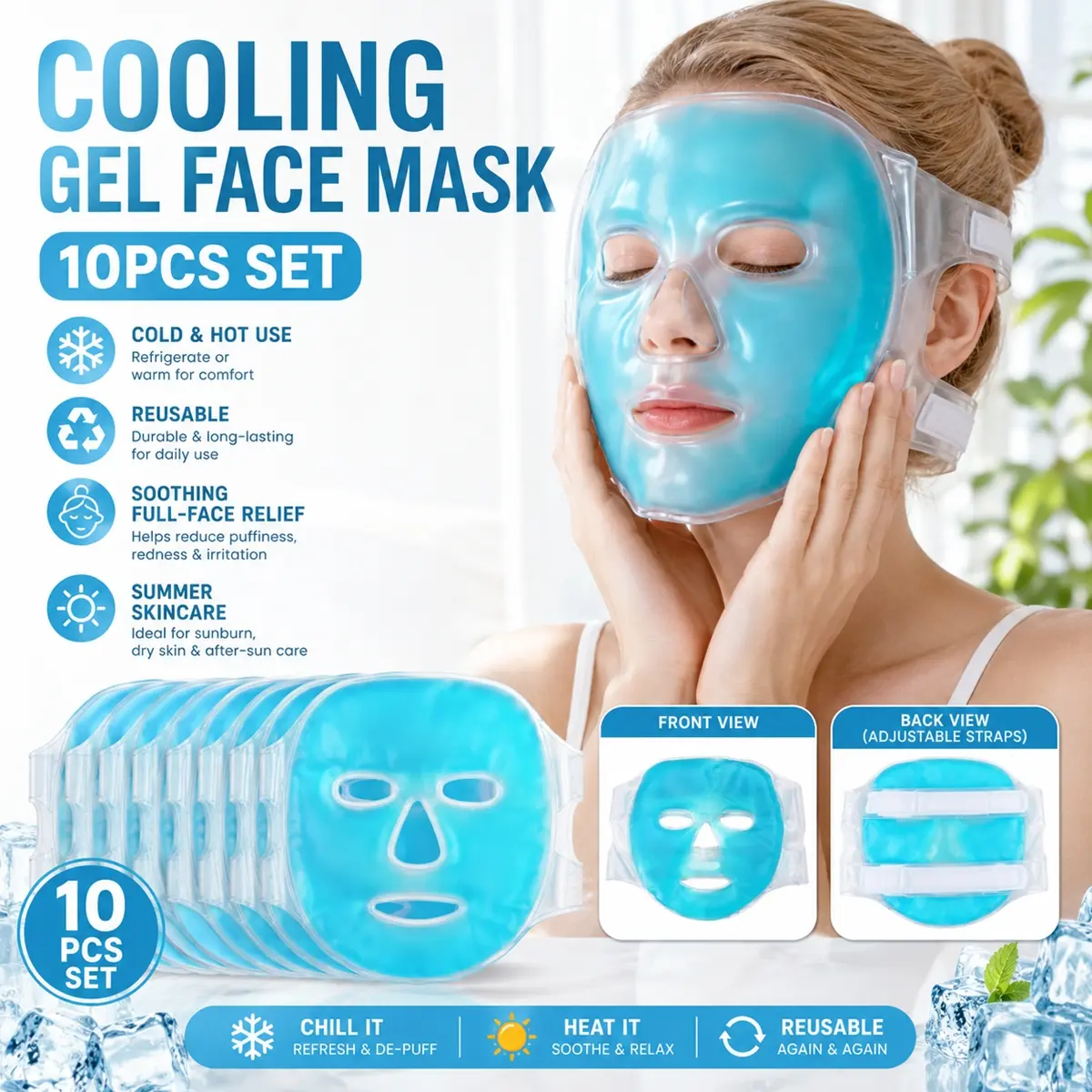 Reusable Gel Cooling Face Mask, Full Face PVC Ice Mask with Adjustable Strap, Hot & Cold Compress Skincare Mask, Flexible Lightweight Face Cover for Women and Men, Summer Home Spa, Sleep, Travel, Office, Post-Sun Cooling