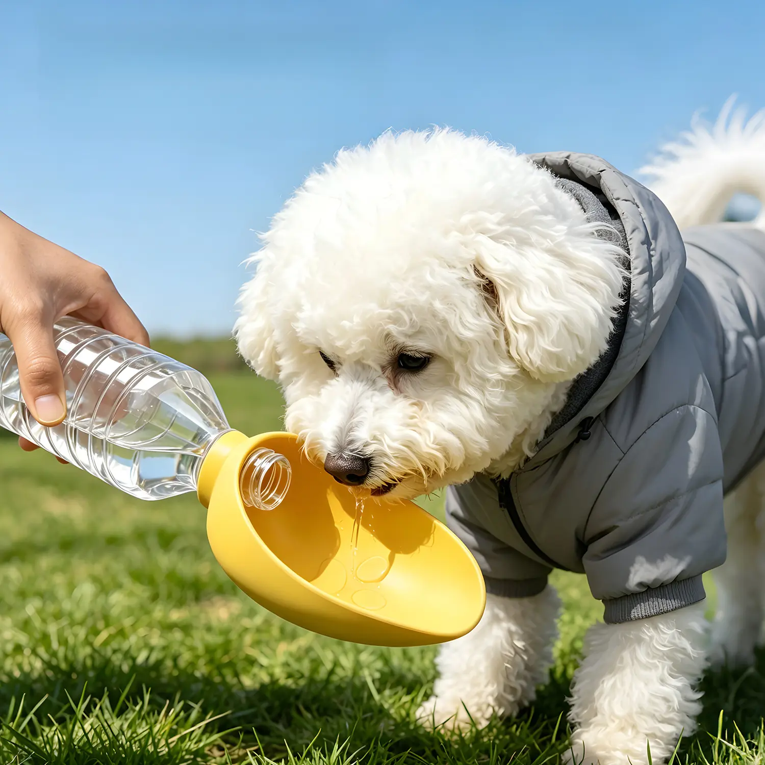 Portable Pet Travel Water Bowl Dispenser - Universal Adapter Compatible with Most Mineral Water Bottles, Silicone Slobber Stopper Outdoor Pet Hydration On-the-Go Drinking Aid