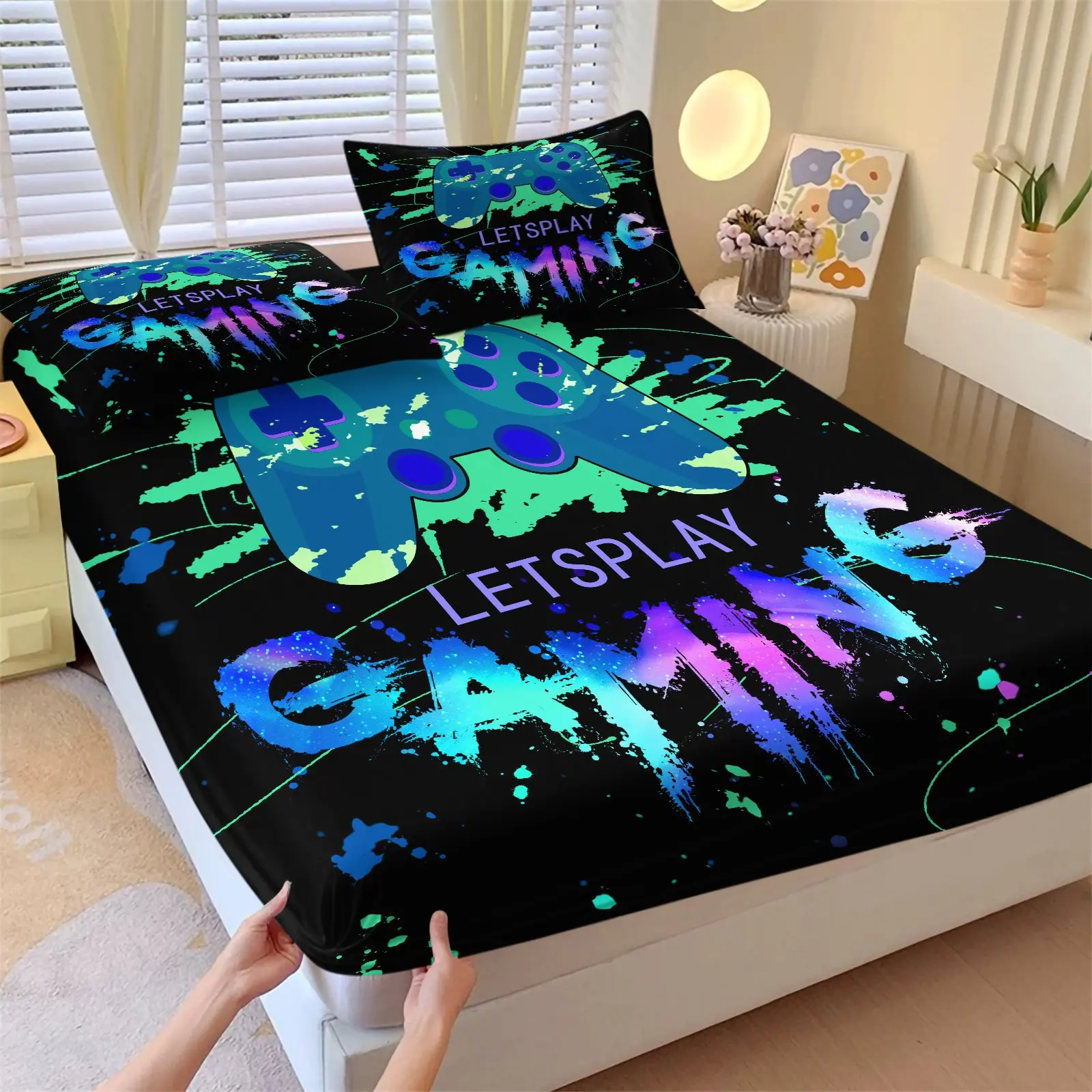 3PCS Trendy Gaming Fitted Sheet Set (1 Fitted Sheet + 2 Pillowcases, Unlocks Gamers' Personalized Sleep Space, Deep Pocket Design, Cyberpunk Gamepad Design, Vibrant Gaming Controller Bedding Set summervibes Bedsheet