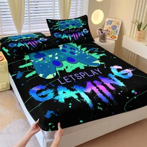 3PCS Trendy Gaming Fitted Sheet Set (1 Fitted Sheet + 2 Pillowcases, Unlocks Gamers' Personalized Sleep Space, Deep Pocket Design, Cyberpunk Gamepad Design, Vibrant Gaming Controller Bedding Set summervibes Bedsheet