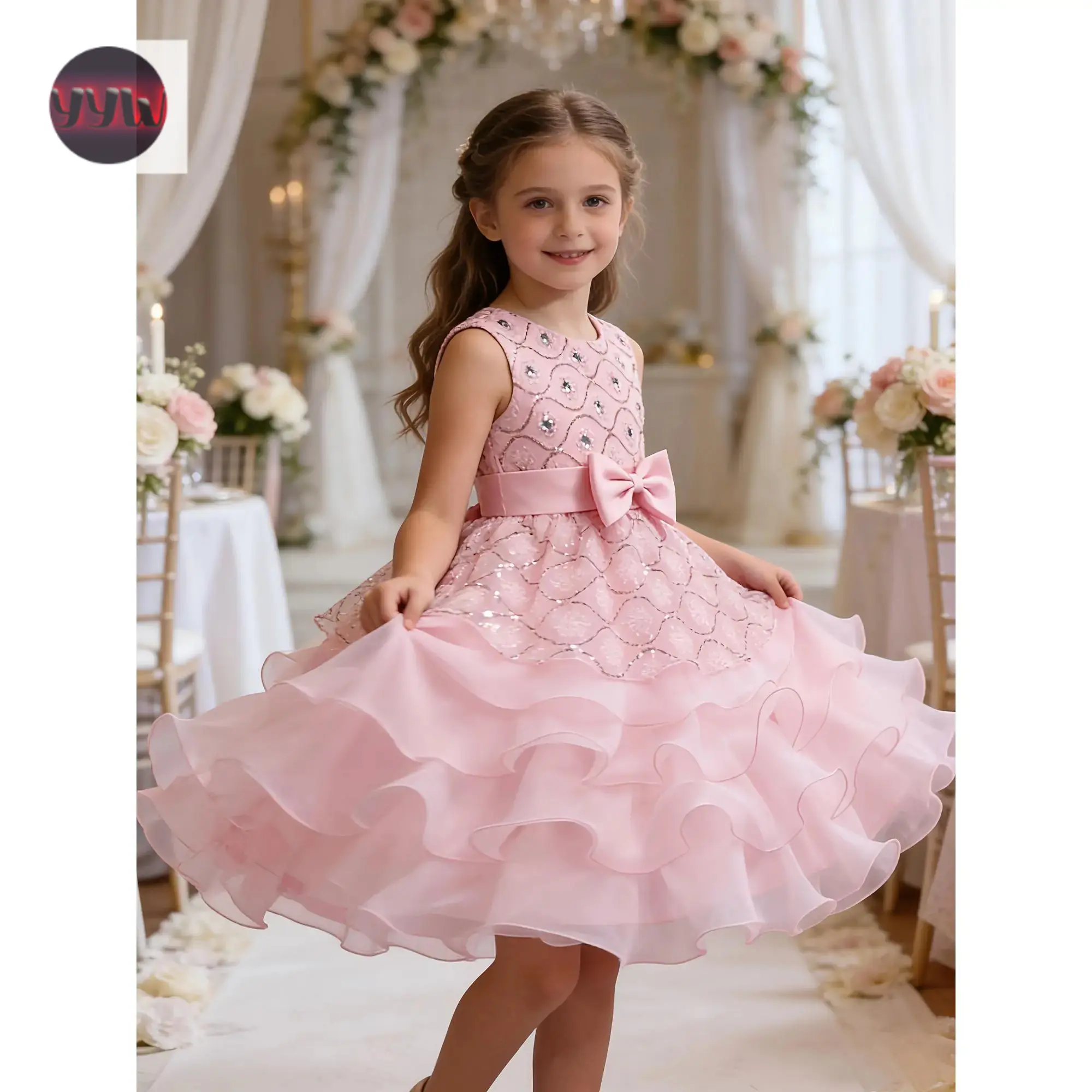 YYW1 New(New)2026 New Kids Formal Gown Flower Girl Birthday Pageant |           Layered Tulle Cake Dress