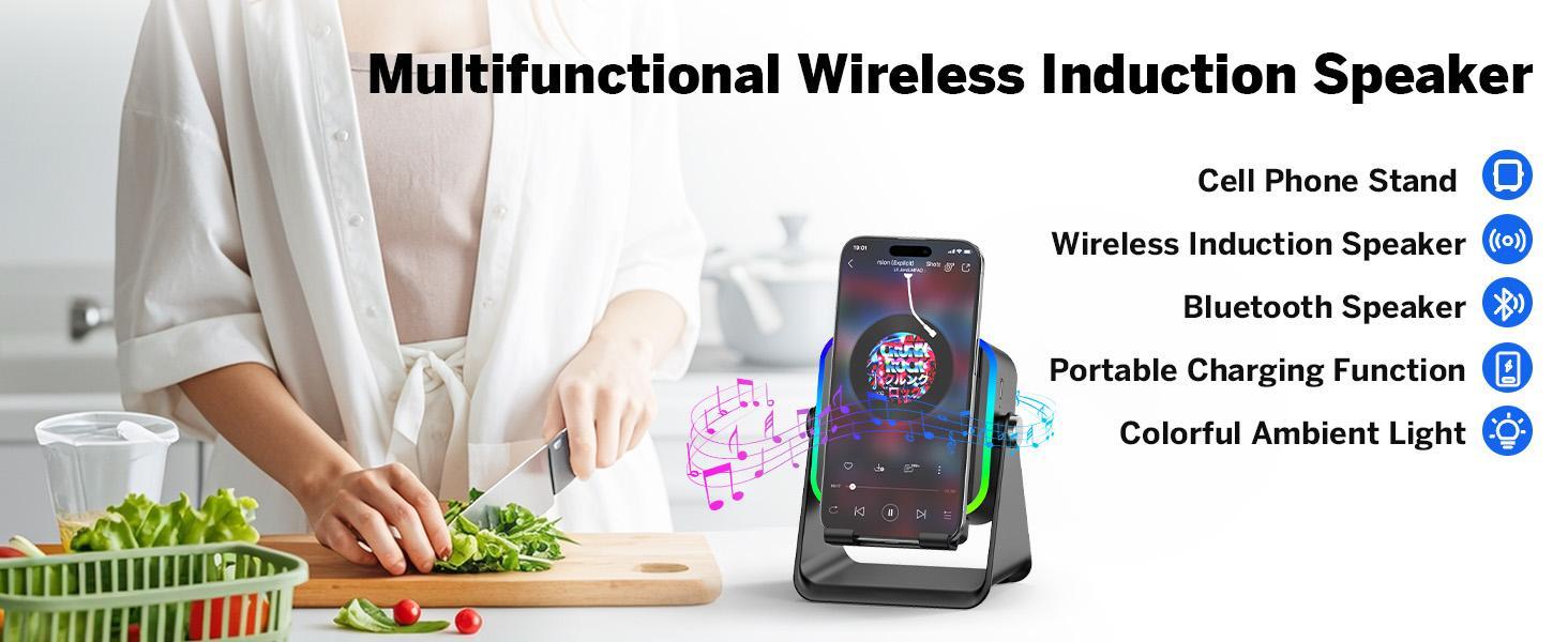 Premium New 5in1 Wireless Induction Audio Speaker Phone Stand Rechargeable Emergency Power Bank 360° Adjustable Mobile Tablet Stand