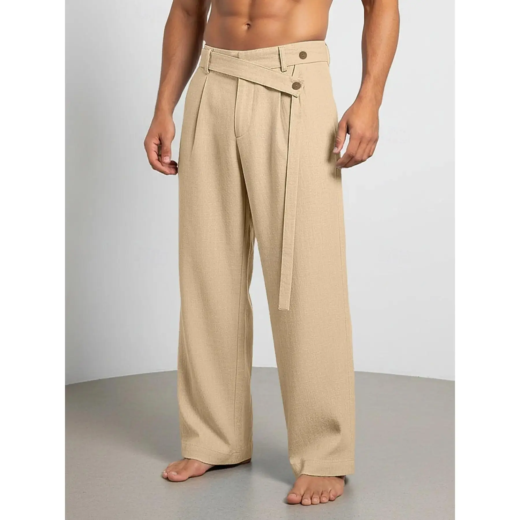 Men's Casual Wide-Leg Pants, Light Blue British Style, Dual Button Waistband, Belted Design, Breathable Textured Fabric, Casual Minimalist Pants