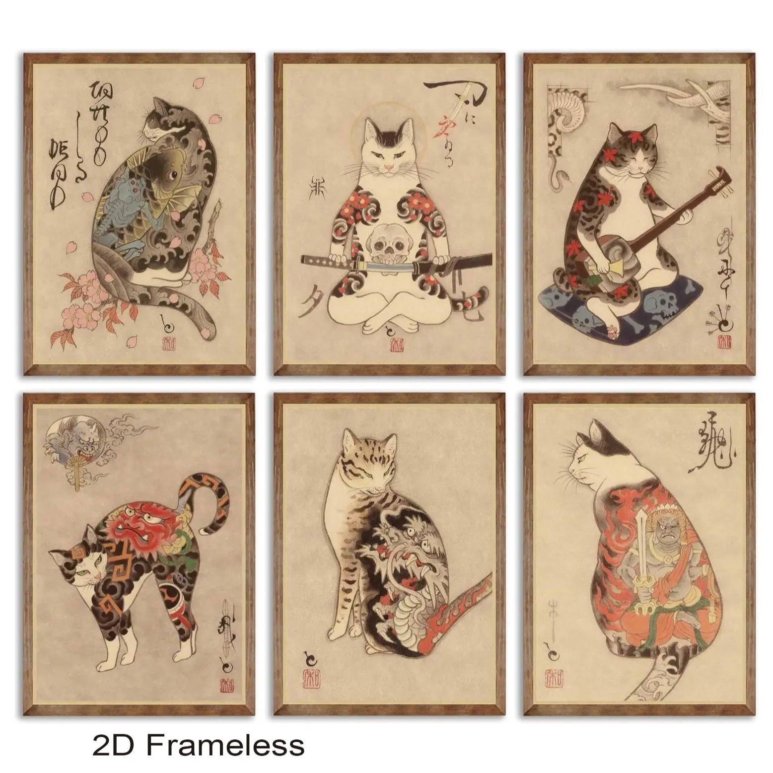 6-piece set featuring Japanese samurai cat-themed wall art prints, samurai-inspired decor, kung fu artwork, tattoo designs, whimsical fantasy photos, canvas posters, and paintings—perfect for living rooms, bedrooms, and home decor. Frameless.