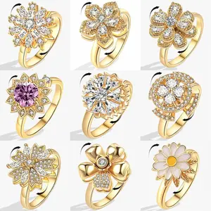 New In Copper Sunflower Rings For Women Gold Crystal Anxiety Relife Spinning Anti Stress Rotating Ring Trendy Jewelry Gifts