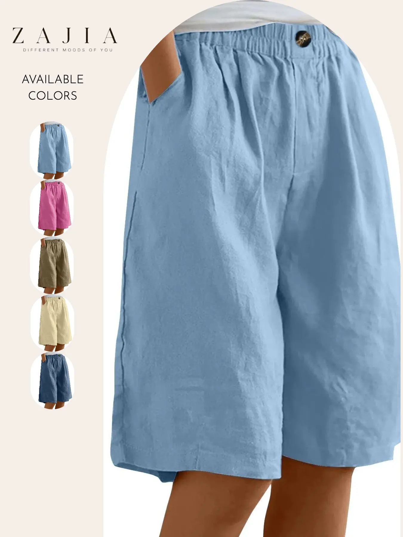 Women’s Basic Casual Baggy Bermuda Shorts Bottom, Elastic High Waist, Loose Fit, Wide Leg, Knee Length, Pockets, Lightweight Linen Look, Summer Lounge Shorts
