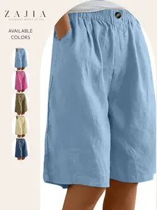 Women’s Casual Baggy Bermuda Shorts Bottom, Elastic High Waist, Loose Fit, Wide Leg, Knee Length, Pockets, Lightweight Linen Look, Summer Lounge Shorts