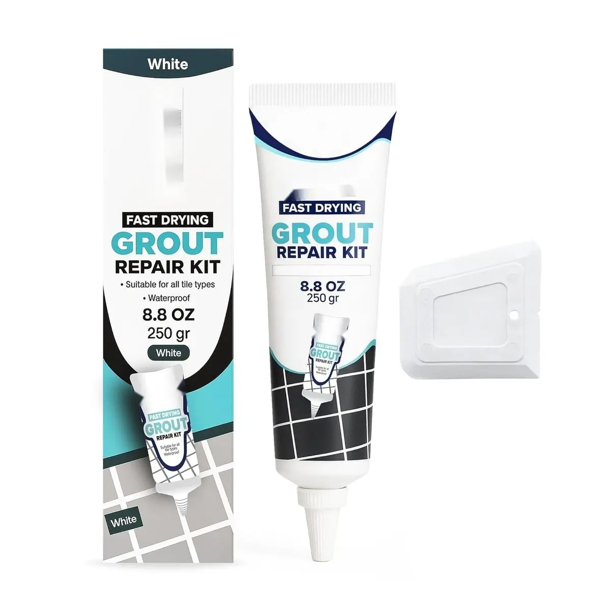 White Premixed Acrylic Sanded Grout Filler for Bathroom, Shower, and Kitchen, Water-resistant Tube with Applicator, Fills Cracks and Gaps, Fast Drying, 8.8 Oz / 250G