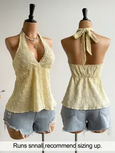 Women's Summer Fashion Womenswear Lace Spliced Bow-Tie Casual Sleeveless Halter Backless Tie Back Top, Comfortable, Casual and Versatile Fitted Tank Top for Daily Wear and Dates Piece