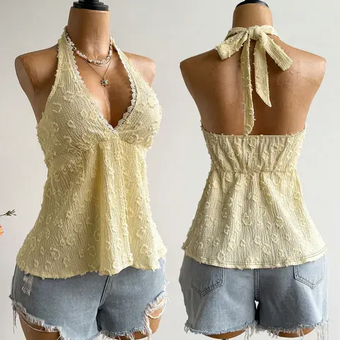 Women's Summer Fashion Womenswear Lace Spliced Bow-Tie Halter Backless Tie Back Top, Comfortable, Casual and Versatile Fitted Tank Top for Daily Wear and Dates Piece Sleeveless Bow Top