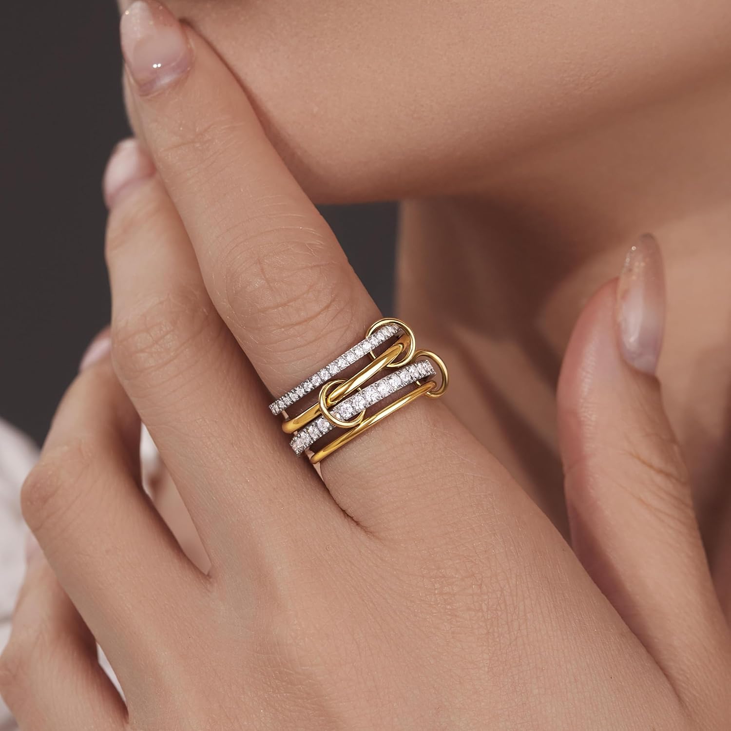 Stackable Gold Silver Band Rings for Women, Statement Chunky Cubic Zirconia Rings, Fashion Unique Designer Mixed Metal Jewelry Size 5/6/7/8/9/10/11