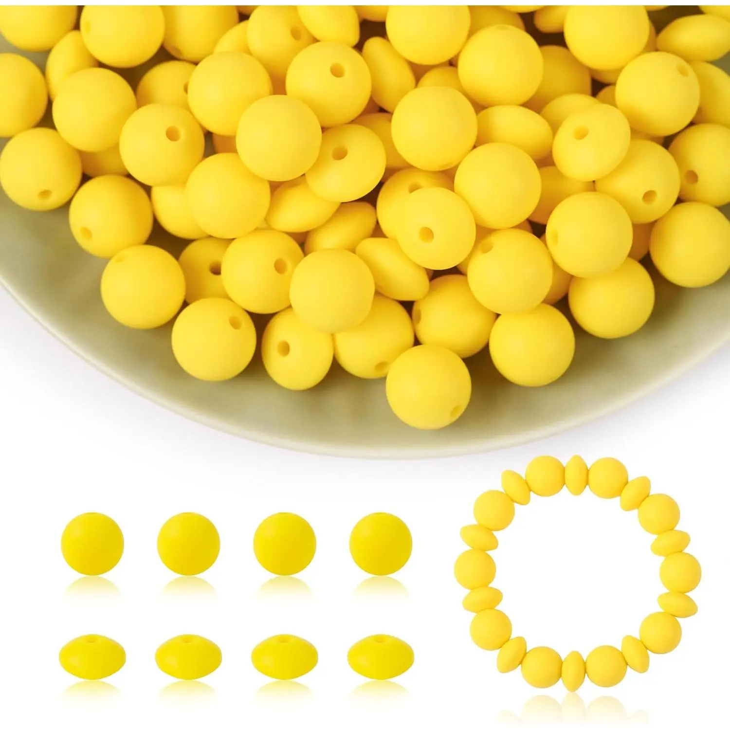 100 count  Beads, 12mm Round and Lentil Beads for , Pen, Necklace, Bracelet Crafts Making, Bright Yellow