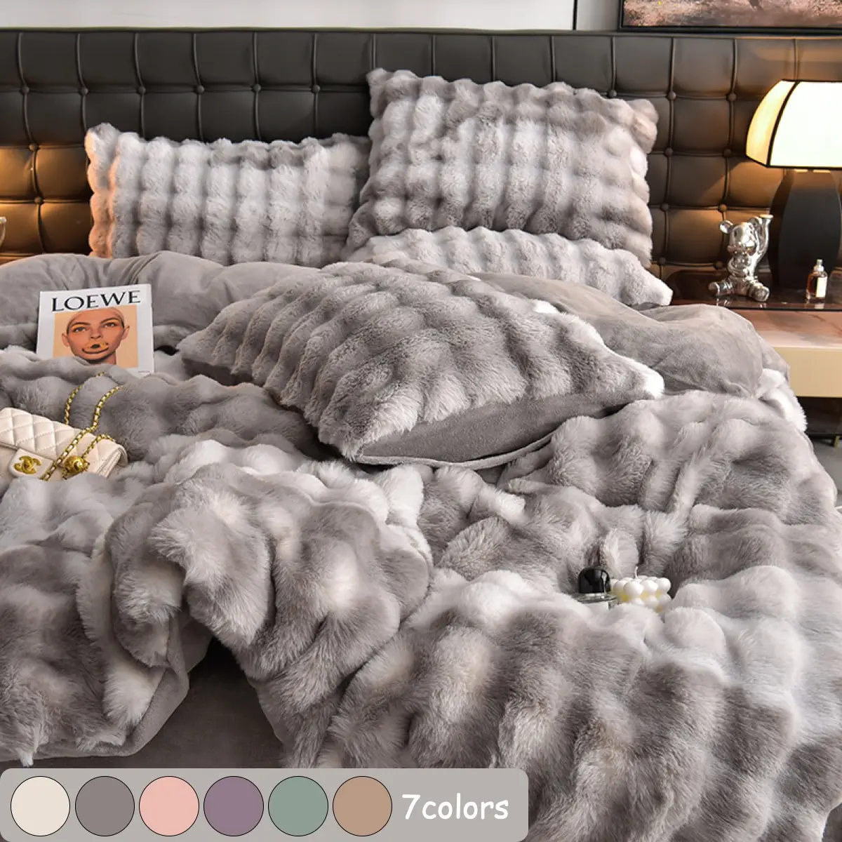 Faux Rabbit Fur Fluffy Fuzzy Duvet Cover Set, Super Soft Plush Warm Solid Color Bedding, 3-Piece Comforter Cover Set Including 1 Duvet Cover and 2 Pillowcases, Machine Washable All-Season Bedding for Bedroom, Sofa and Dorm, No Comforter Included