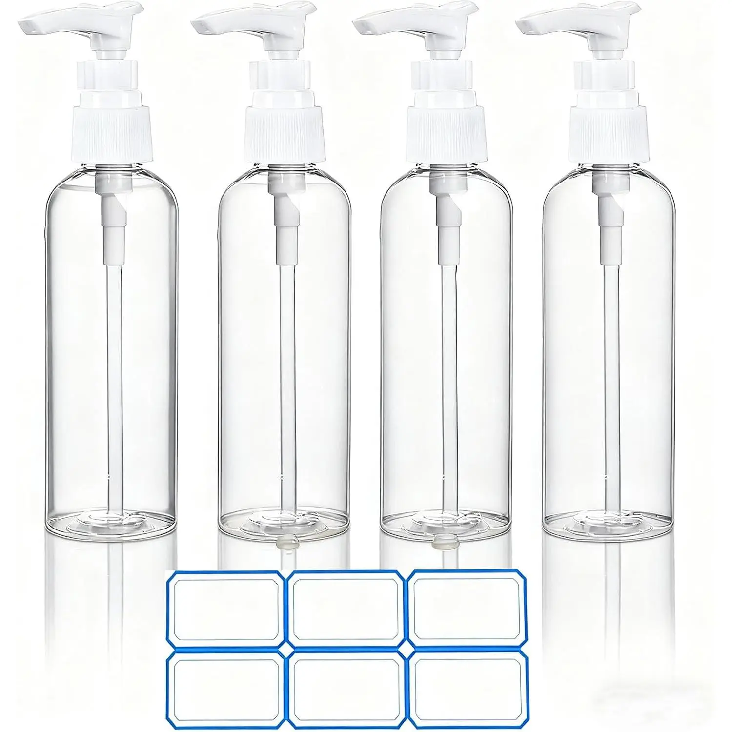 4 Pack 3.4 Oz (100ml) TSA Approved Travel Pump Bottles | Refillable Plastic Lotion Dispenser Leakproof Pump Bottle for Toiletries Clear Travel Size Bottles with Labels