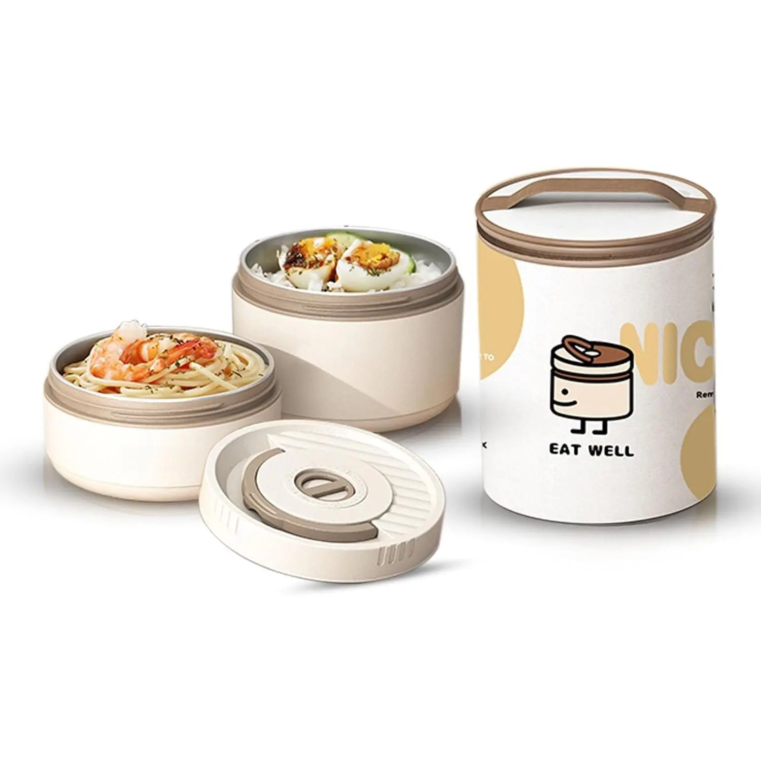 Bento Box Adult — Round Stackable Lunch Box for Women (450ml & 600ml) with Insulated Carry Bag | 304 Stainless Steel Removable Inserts | Microwave & Dishwasher Safe, White