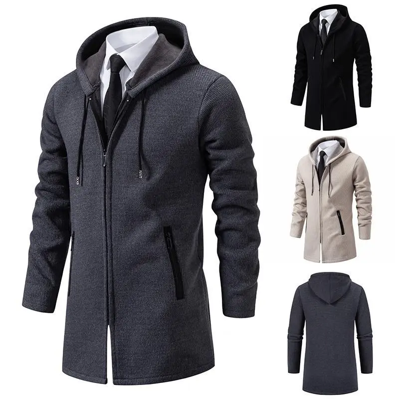 Men's Basic Simple Fleece-Lined Hooded Long-Sleeve Knit Jacket, Casual Menswear Long Cardigan Sweater Coat