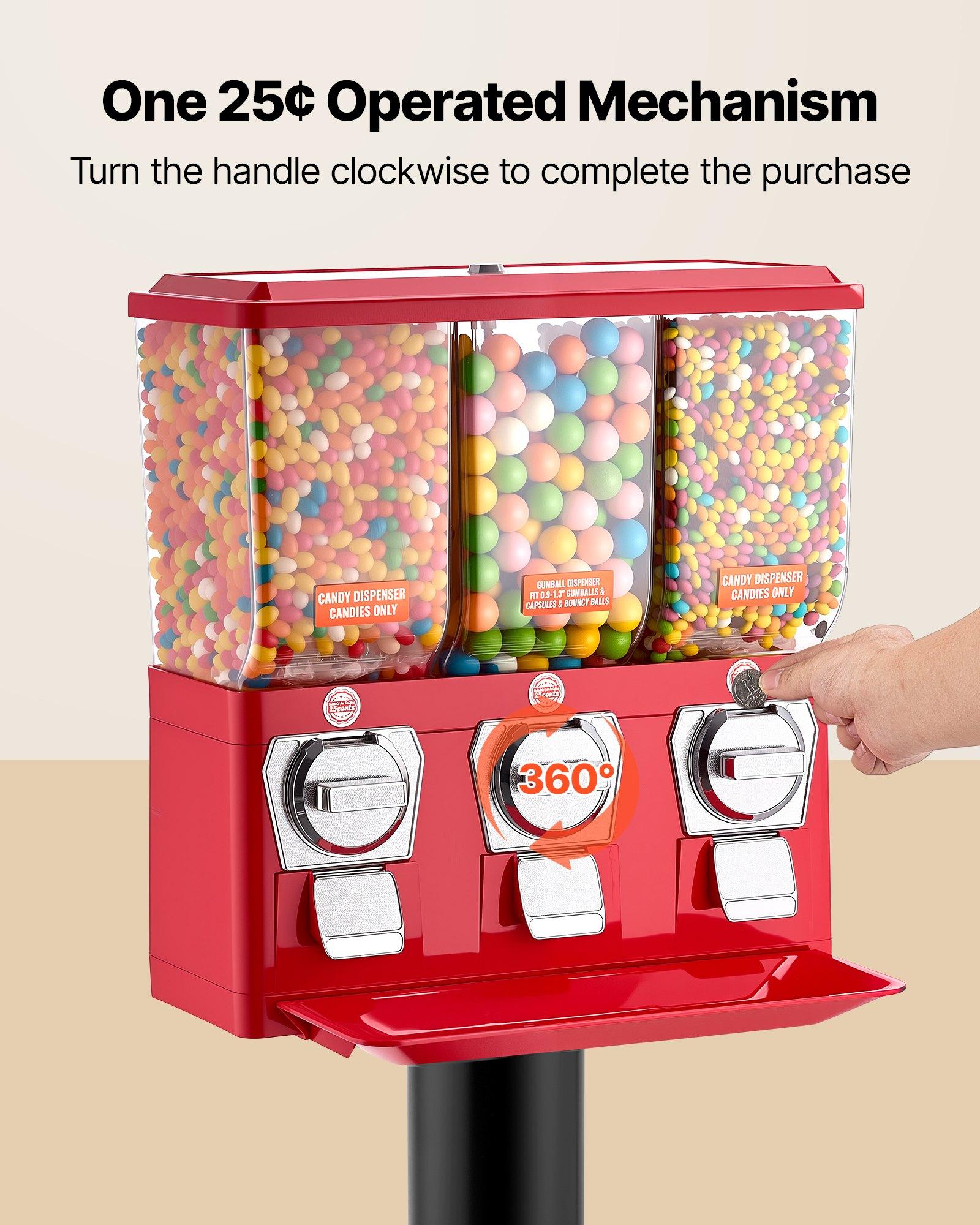 VEVOR Candy Vending Machine, Triple Compartment Candy Vending Machine with Stand, Gumball & Candies Vendings Machines with Built-In Cash Box, Detachable, Vintage Candies Dispenser for Shops, Arcades
