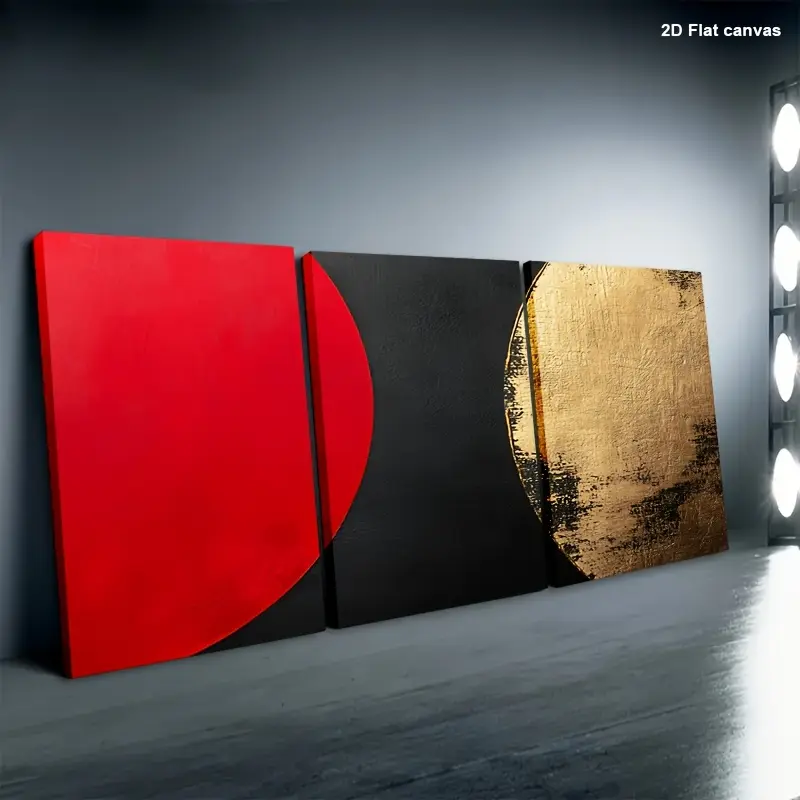 Red & Gold Modern Abstract Circular Decorative Picture Frame Wall Art 3-Piece Flexible Combo - 3-Ring Background, Edging Fabric, Ready-to-Hang, Office Home Bedroom Decor, Ideal Holiday Gift, 2D Flat Design, 3-Piece Set, Classic