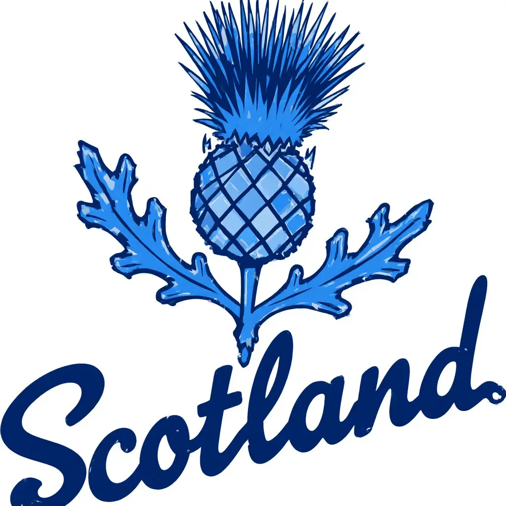 Single-piece Scottish daisy car sticker, Decoration styles, featuring national symbol in blue, with diamond-patterned buds and flowers, and bold lettering reading 'Scotland.' Self-adhesive, waterproof sticker