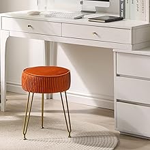 Velvet Round Footrest Stool Ottoman, Makeup Vanity Stool Side Table, Velvet Dressing Table Seat, Pouf Couch Stool, Golden Steel Legs, Orange