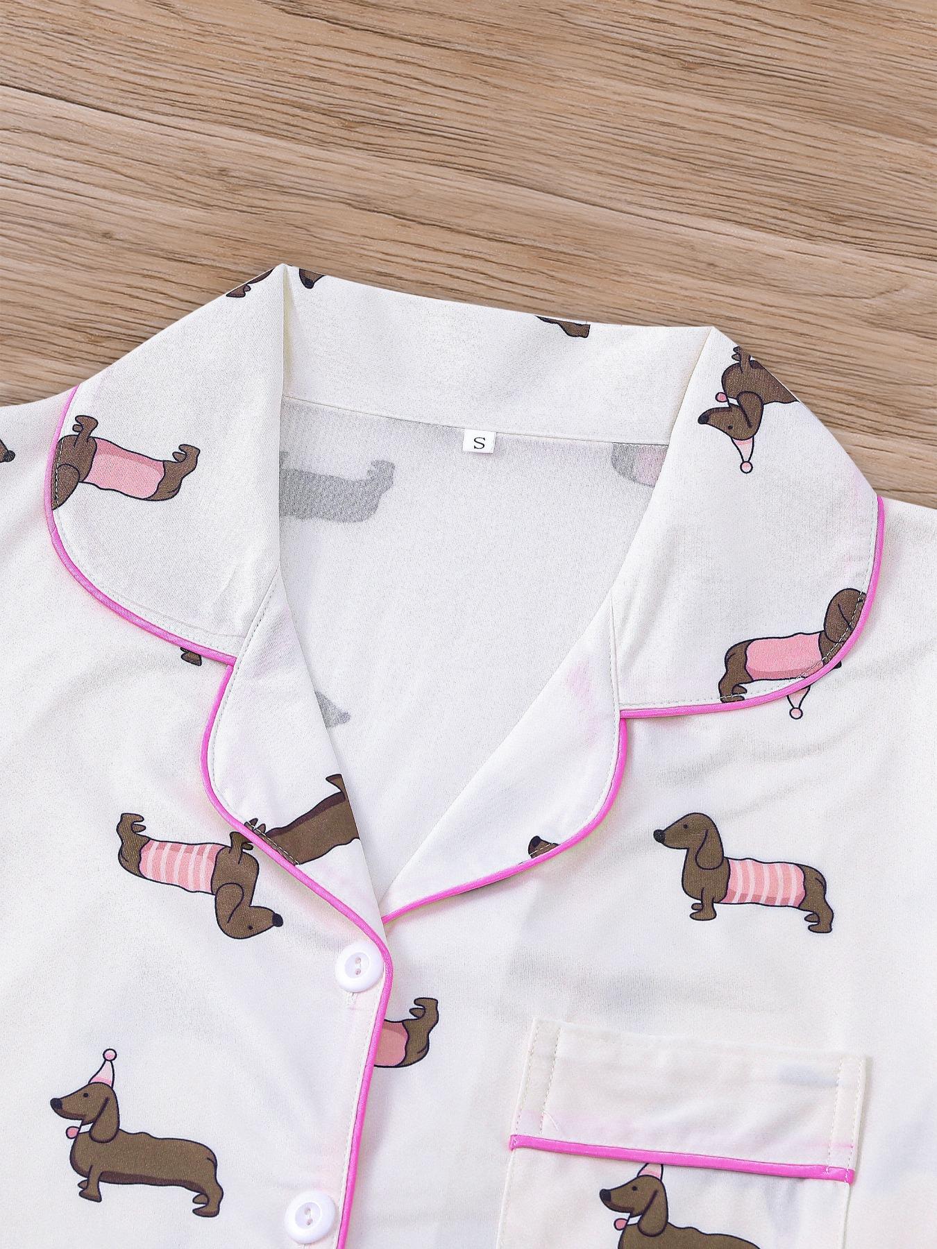 Women's All Over Dachshund Print Shirt & Elastic Waist Shorts Pyjama Two-piece Set, Casual Comfy Short Sleeve Collared Top & Shorts PJ Set, Ladies Sleepwear for All Seasons, Loungewear, Pajama Set, Pajamas
