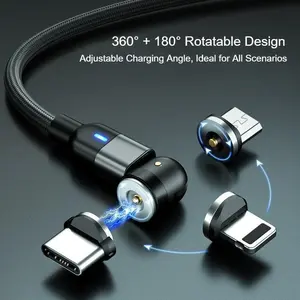 Damatek 3 in 1 Rotatable Magnetic Charging Cable, 360° + 180° Adjustable Angle Braided Fast Charger Cord with LED Indicator, Universal Magnetic Phone Charger for Lightning Type-C Micro USB, Generic Unbranded Gaming Car Cable