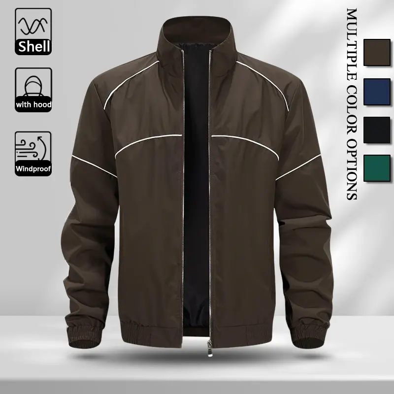 Wind Resistant Lightweight Men Stand Collar Zip Jacket, Fashion Thin White Piping Detail Outer Coat with Elastic Rib Cuffs, Comfort Loose Windproof Outerwear for All Seasons Commute Camping Jogging