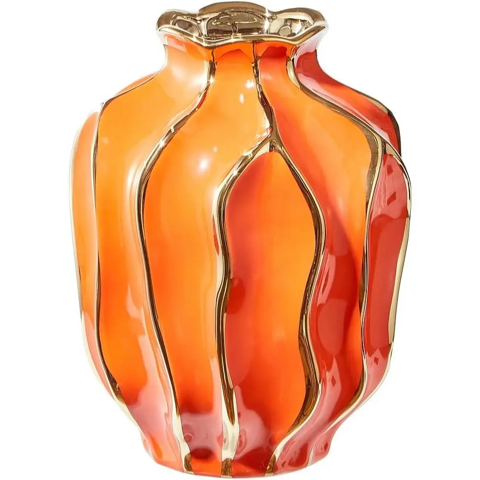 Golden Striped Vase for Home Decor, Decorative Ceramic Flower Vase, Glazed Surface, Decoration for Bedroom, Office, Living Room, Bathroom, Tabletop Decor (Orange-Pomegranate-Shaped)