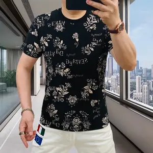 [Same-Frequency] 2026 New Round Neck Ice Silk Short Sleeve T-Shirt Summer Fashion New Men's Slim Fit Trendy Printed Thin Half Sleeve Top Base Shirt | Free gift Cuban Link Chain