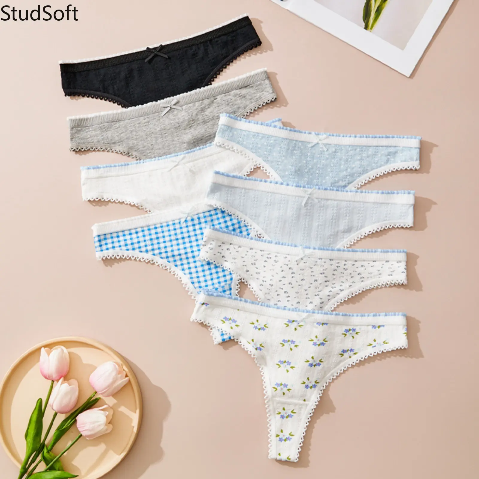 7 Pack Cotton Thong Women Sexy Lace Panties Cute Print Briefs Low Rise Underwear Breathable Soft Plaid Floral T Back Ribbed G String Bikini Pack