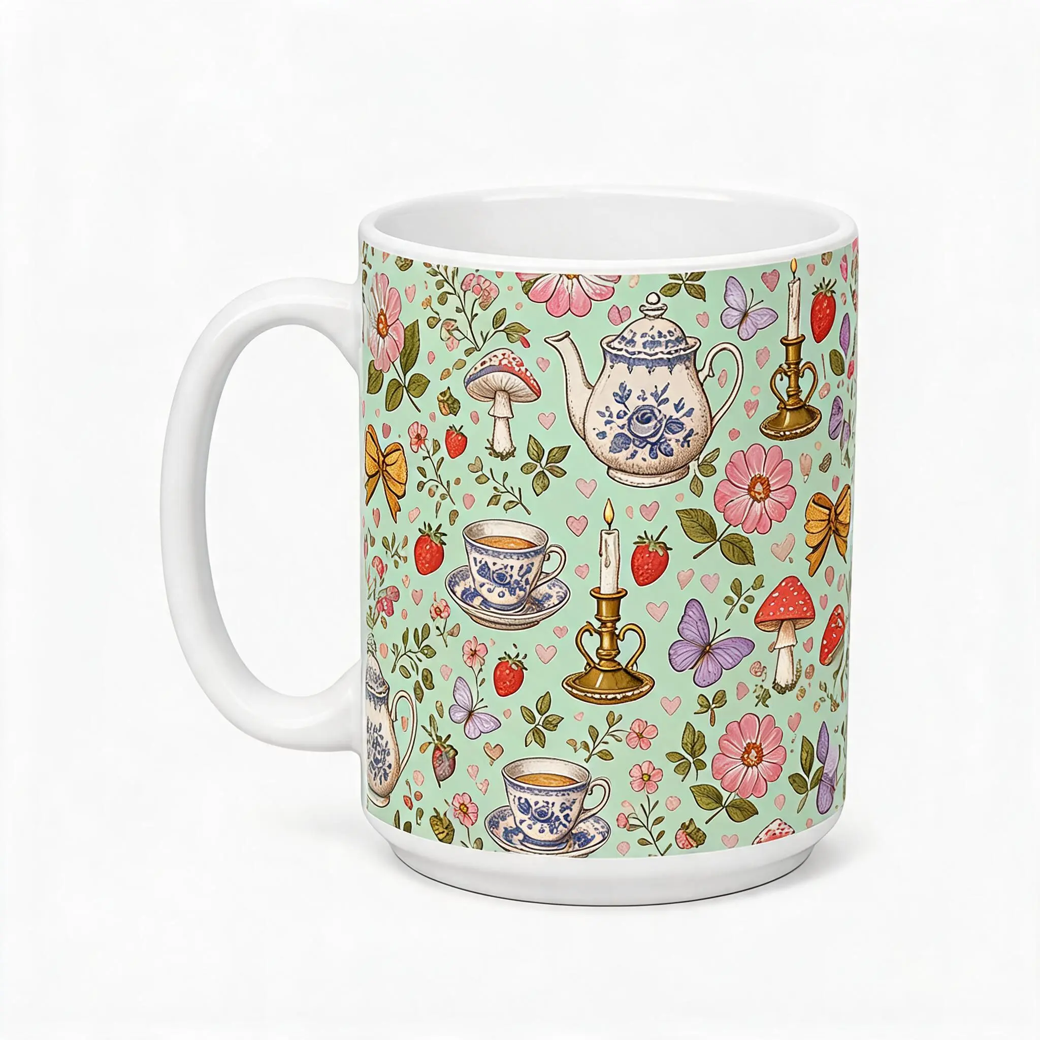 Cottagecore Mug 15oz Vintage Teapot and Wildflower Ceramic Coffee Mug for Morning Tea