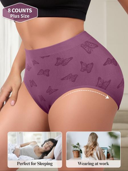 8 Pack Plus Size Women's Triangle Panties, Breathable Panties, Soft Printing Butterfly Design, High Quality Skin-Friendly Underwear, Casual All Seasons Fit