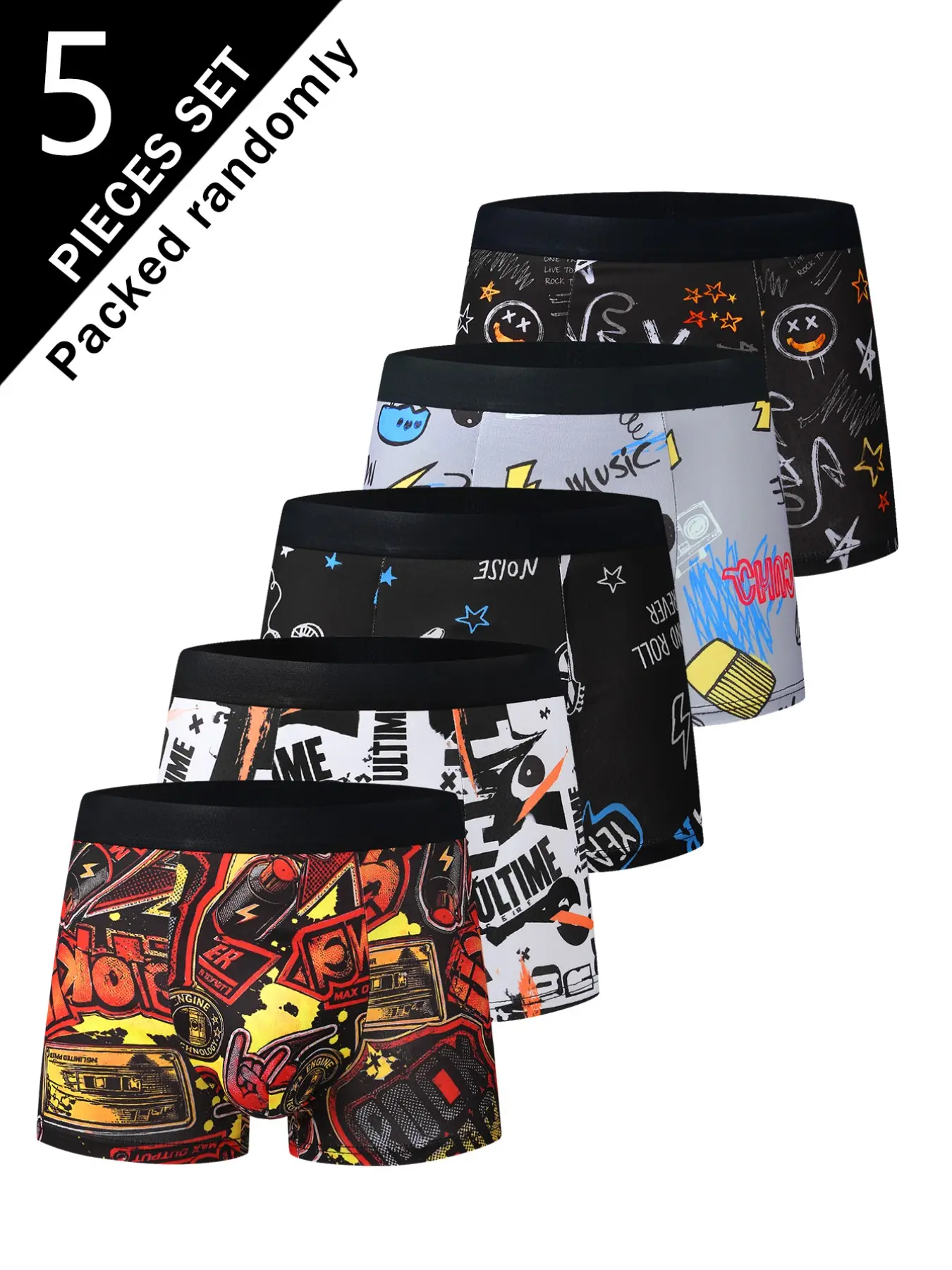 5-Pack Cool Graffiti Men's Boxer Briefs, High Elastic Breathable Mid-Waist Trunk, Unique Print Youth Casual Underwear, Casual Style Underwear, All Seasons