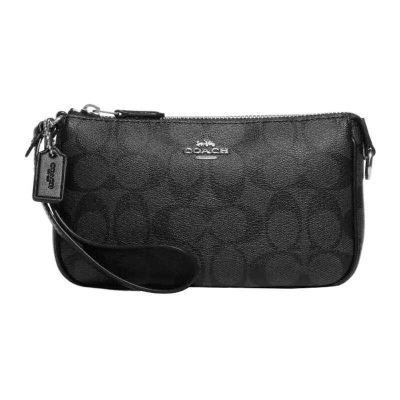 COACH Nolita 19 Metallic Logo Zip Top Handle Bag for Women – Classic Coated Canvas and Smooth Leather, Black