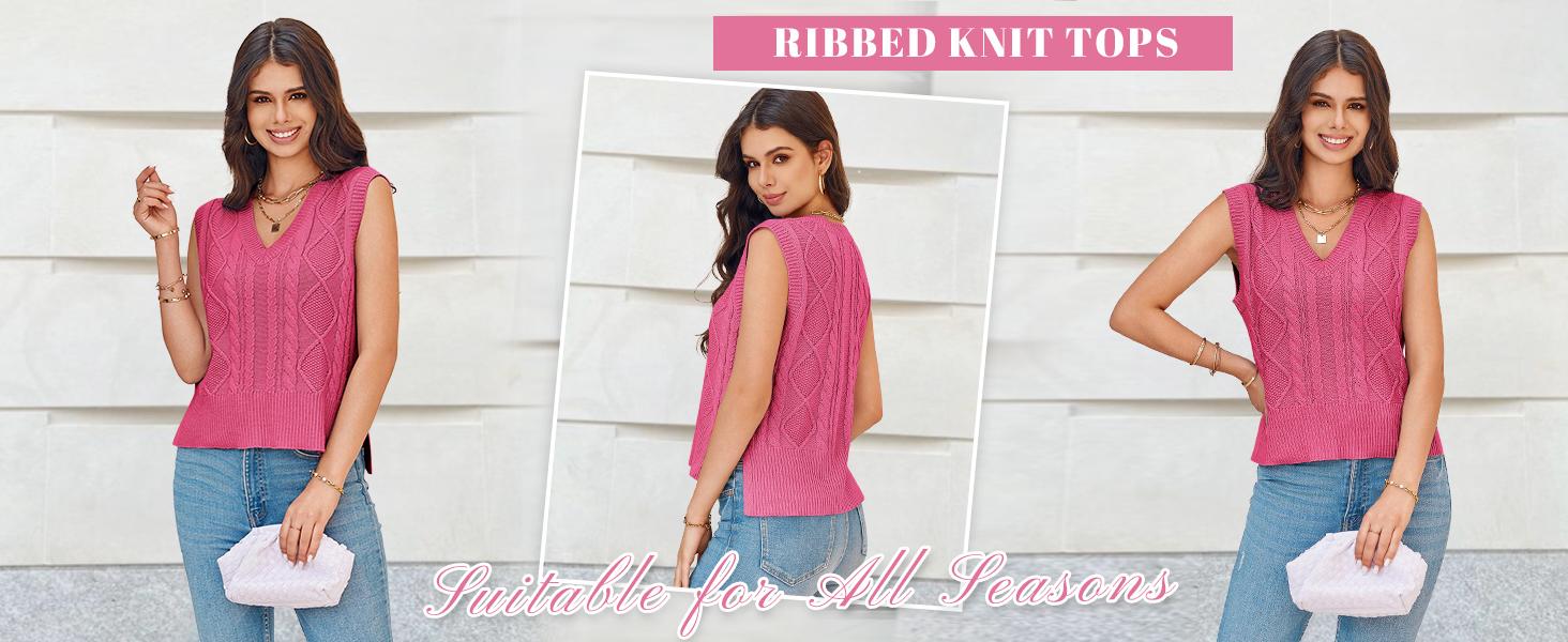 Sweater Vest for Women V Neck Sleeveless Knit Solid Casual Ribbed Preppy Pullover Tops