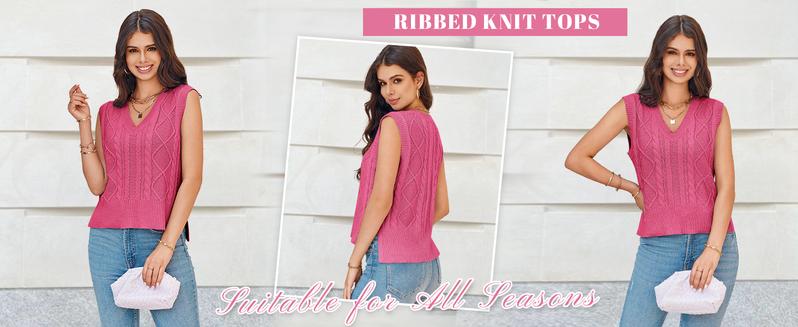 Sweater Vest for Women V Neck Sleeveless Knit Solid Casual Ribbed Preppy Pullover Tops