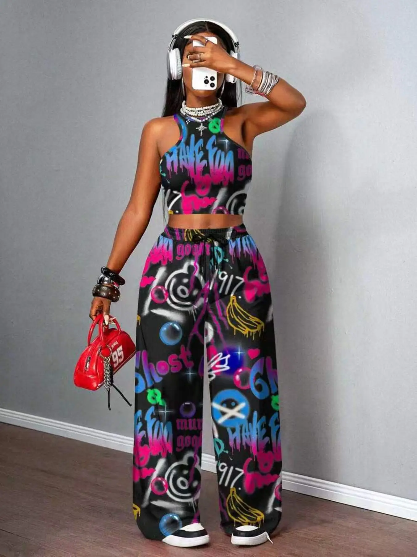 Spring Summer Casual Sporty Loose Style Round Neck Patchwork Deep Apricot Print Short Sleeve T-Shirt + Long Pants Women's Top Two-Piece Set Casual Outfit Set