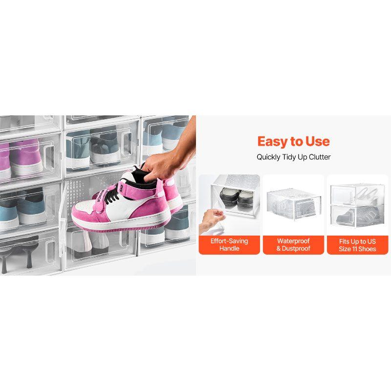 VEVOR Shoe Storage Boxes, 12 Pack Stackable Shoe Boxes Storage Organizers, Fit up to US Size 11, Plastic Modular Space Saving Sneaker Containers for Storing High Heels, Boots, and Hats, White Frame