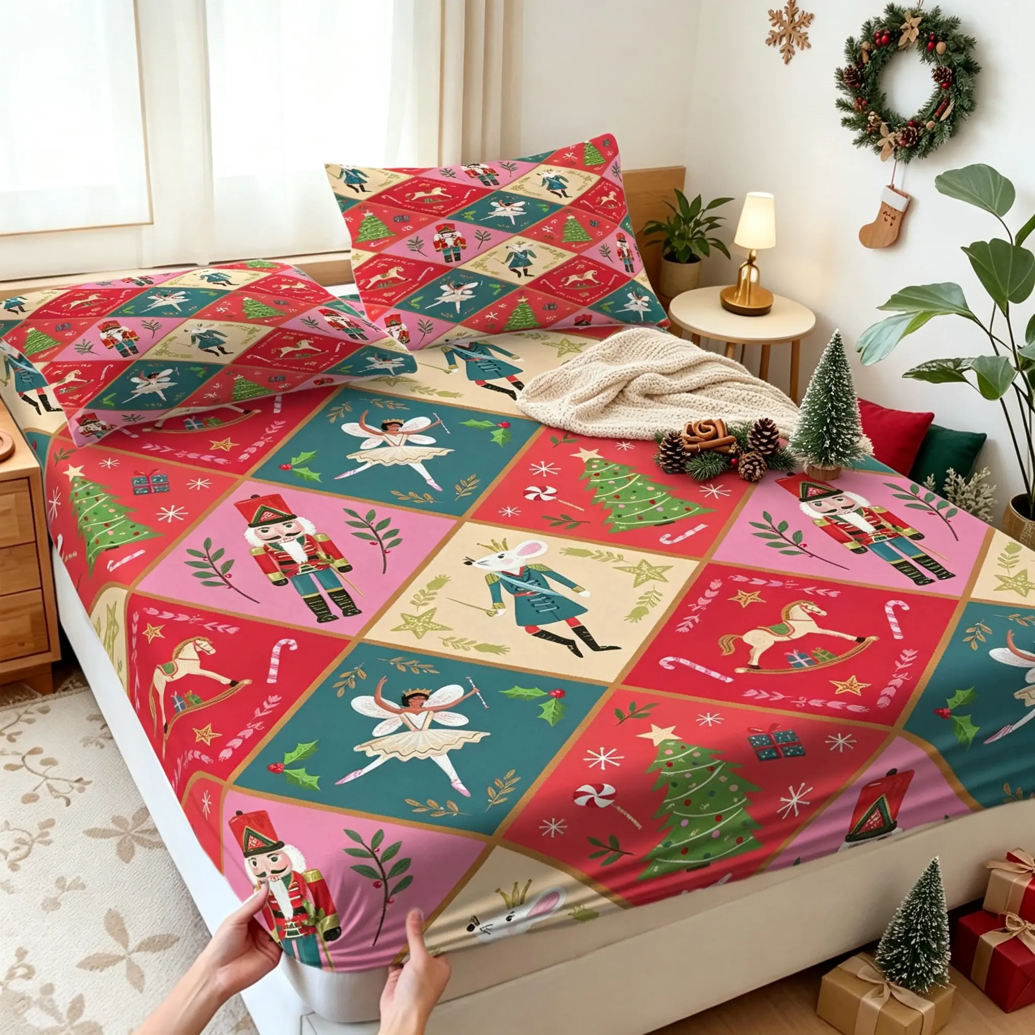 3Pcs Festive Christmas Nutcracker Digital Print Fitted Sheet Set, Bed Sheets Set, No Fillers Included, This Practical Bed Sheet Set Works As A Bedding Set, Creates Joyful Holiday Vibe, For Adult Users, Perfect For Home Decoration