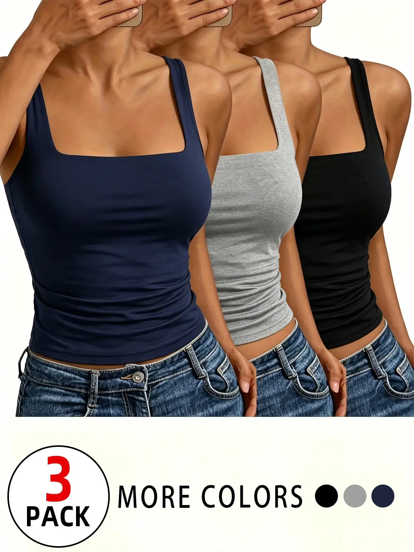 3 Pack/1 Pack Women’s Square NeckTank Tops, 2026 TikTok Viral Y2K Streetwear Chic Fashion Slim Fit Sleeveless Camisole, Daily Casual, Gym Workout, Going Out, Club, Summer OOTD Outfit, Trendy Bodycon Cropped Vest Tops for Jeans Shorts Matching