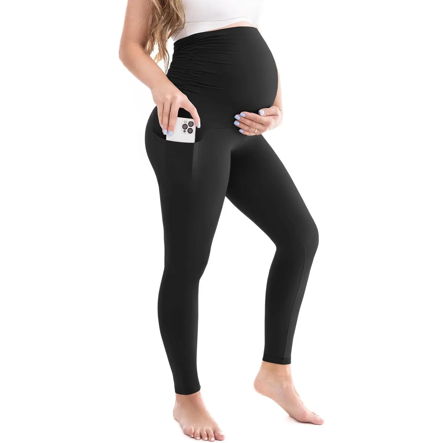 Womens Maternity Leggings with Pockets Over The Belly, Pregnancy Buttery Soft Workout Yoga Pants
