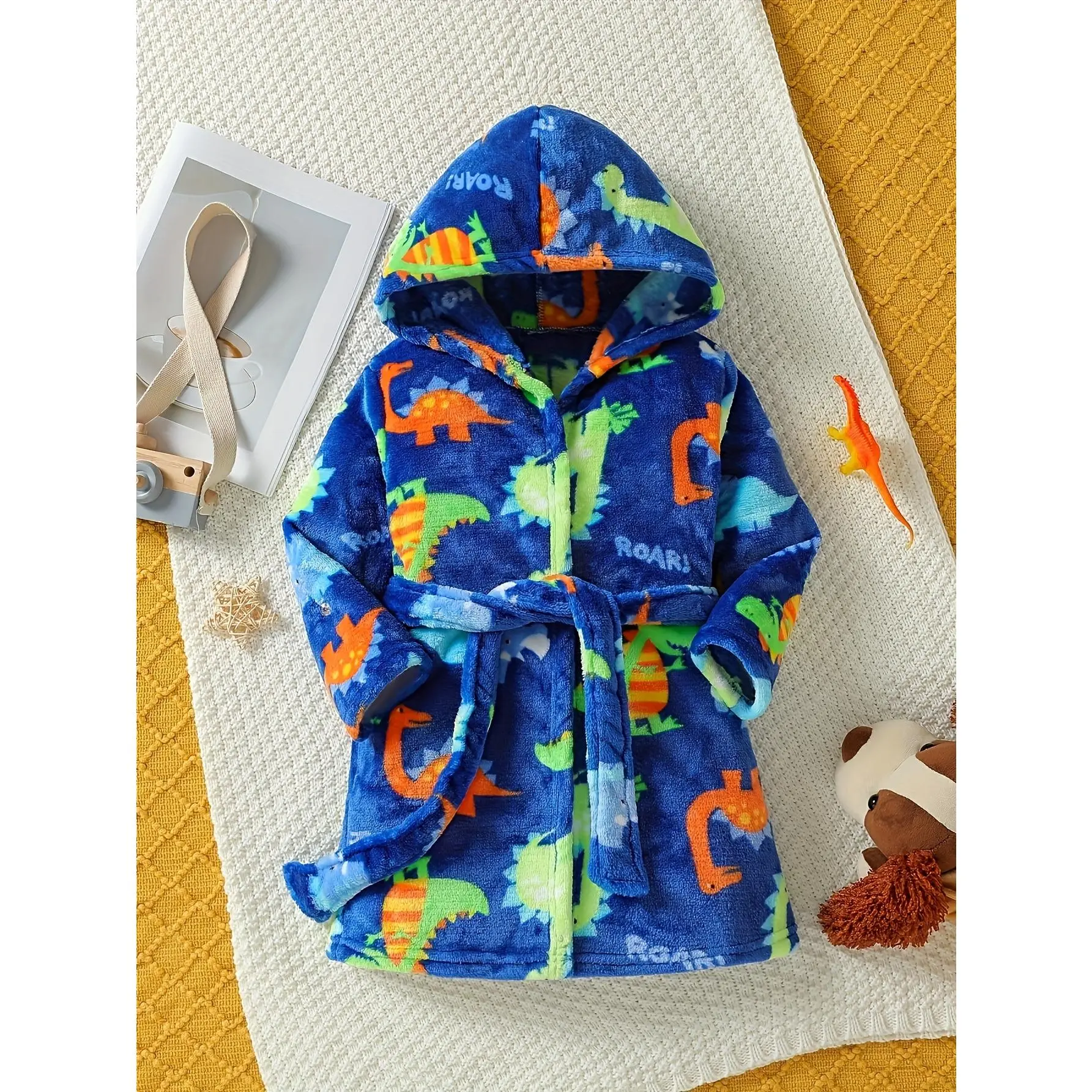 Boy's Dinosaur Animal Flannel Bathrobe Set with Cap and Belt - Long Sleeve, Casual Wear, Regular Fit, Flame-Retardant Fabric, Machine Washable Cartoon Kids' Home Outfit (Flame Retardancy Test Passed), Hooded