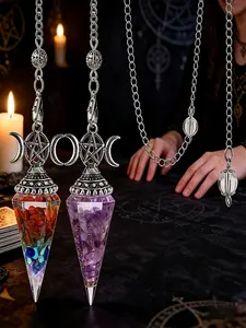 2Pcs Moon Natural Gravel Chip Crystal Pendant, Chakra Balance Spiritual Items, Seven Chakras and Amethyst Guardian Pocket Crystal Women's Jewelry, Pendulum-themed Magic Collection
