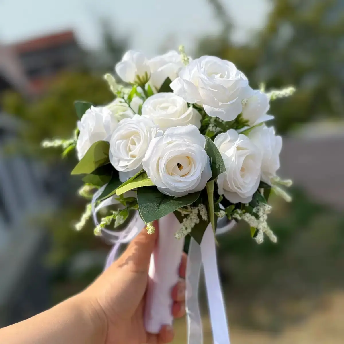 10-inch Heart-shaped Crystal Bridal Bouquet, Lace Bow & Silk Rose Wedding Ceremony Prop, Perfect Gift for Prom, Elegant Floral Decoration
