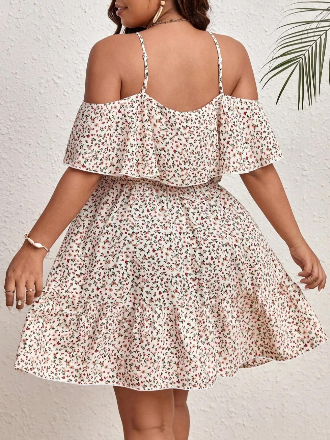 Plus Size Ditsy Floral Print Cold Shoulder Ruffle Trim A Line Dress, Boho Romantic Short Dress for Beach Vacation Holiday, Summer Outfits 2024, Dresses for Women, Women's Clothes for Summer