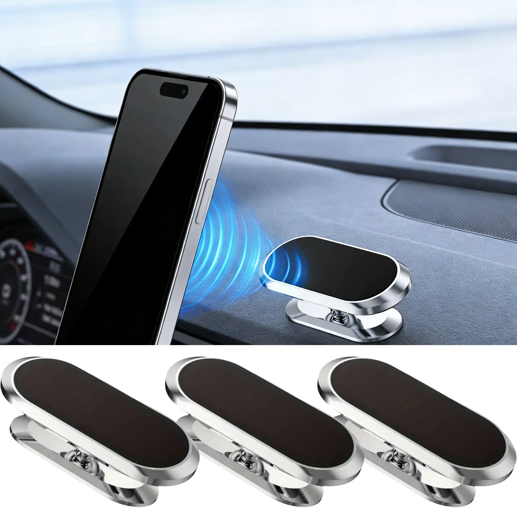 3 Pack Black/Silver/Rose Gold Premium H-shaped Rounded Rectangle Double-Layer Rotatable Magnetic Phone Holder, Premium Aluminum Alloy with Exquisite Texture, Fits All Vehicles & All Smartphones, Multi-scene Bracket for Home, Office, Car and Travel, Versat